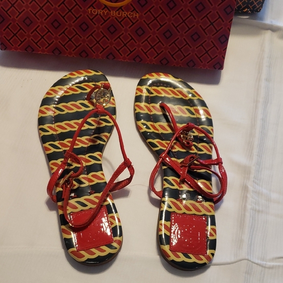 Tory Burch Shoes - Tory Burch Red and Black Sandals with Geometric Design